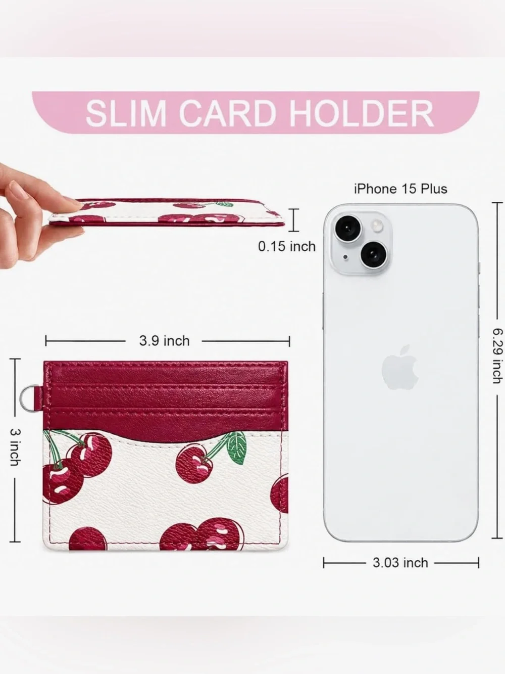 Slim Credit Card Case for Women with Cute Fruit Prints & ID Window (CHERRY)